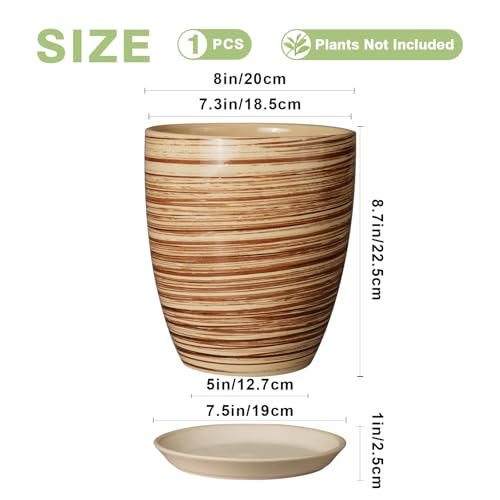 8 Inch Plant Pot, Ceramic Planter with Drainage Hole and Saucer Large Flower Pot for Home Patio Garden Office, Yellow - color: Glossy Yellow-coil, size: 8 Inch