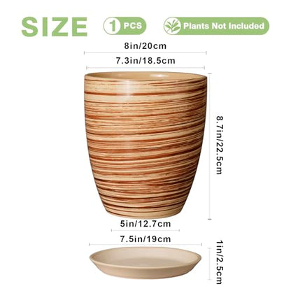 8 Inch Plant Pot, Ceramic Planter with Drainage Hole and Saucer Large Flower Pot for Home Patio Garden Office, Yellow - color: Glossy Yellow-coil, size: 8 Inch