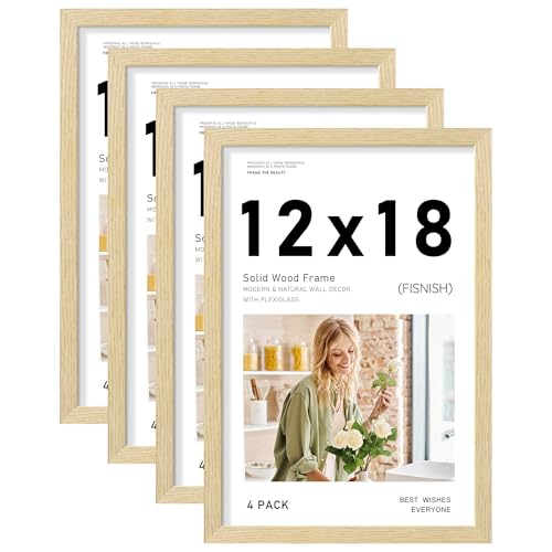 12x18 Picture Frame Set of 4, Natural Solid Wood Frames,Wall Mount | Display 12x18 Photos without Mat, Horizontal or Vertical, Oak Wood Grain - color: Natural, size: 12x18