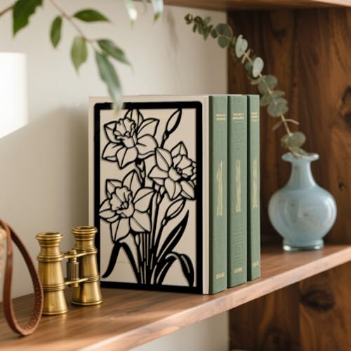 5.3"x4.3"x7.9" Metal Bookends, Heavy Duty Book Ends for Shelves | Daffodils Theme Cast Iron Book Supports, 1 Pair Decor Stoppers for Desk, Library, Office & Home Shelves - style: Daffodils