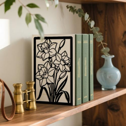 5.3"x4.3"x7.9" Metal Bookends, Heavy Duty Book Ends for Shelves | Daffodils Theme Cast Iron Book Supports, 1 Pair Decor Stoppers for Desk, Library, Office & Home Shelves - style: Daffodils