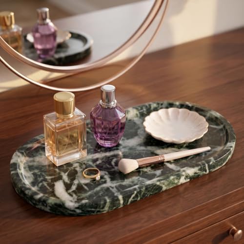 YKAJO Snowflake Green Oval Marble Tray, 11.8x5.9 Vanity Perfume Organizer | Honed natural stone; jewelry & trinket dish, ring & key holder, soap & candle catchall; bath counter, dresser, coffee table - color: Snowflake Green, size: 11.8" x 5.9" x 0.6"
