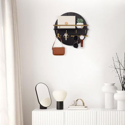 Nekon Wall Mount Key Holder, 11.8 Inch Rack With Shelf and 6 Hooks, Rustic Mail Organizer, Circular Wooden Hanger for Entryway Hallway Kitchen (Black&Gold) - color: Black&Gold