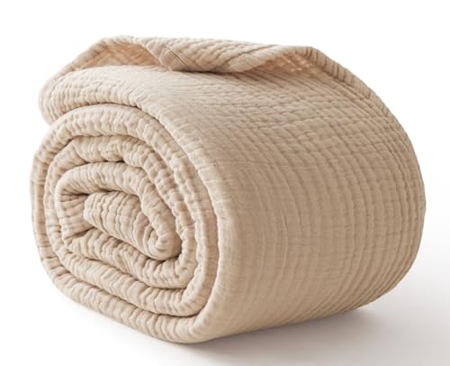 6 Layers Cotton Muslin Blankets Large, Lightweight Cotton Throw, Cooling Soft Throw Blanket for Year-Round Comfort, Breathable Quilt Bedspread, Gauze Weave Bedding for Adults, Oatmeal, Beige Linen - color: 01 - Beige, size: Throw Xl(50" X 69.5")