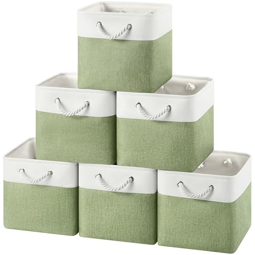 12x12 Inch Fabric Cube Storage Bins with Cotton Rope Handle 6-Pack | Top Support of Metal Frame, Bottom with Cardboard Support, Foldable Storage Bins for Closet, Bedroom, White Green - color: White Green