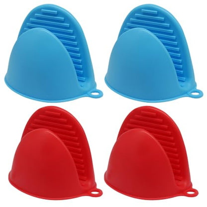 Silicone Oven Mitts Mini, 2 Pairs Heat Resistant Finger Oven Mitts, Non-Slip Silicone Gloves for Kitchen Cooking & Baking, Small Potholders for Air Fryer Grill (Red & Blue) - color: Blue\red