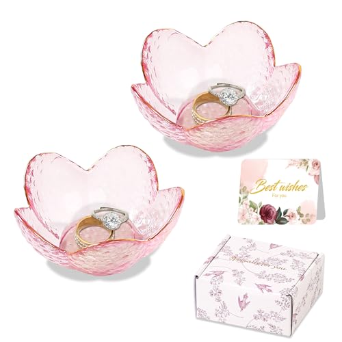 Gifts for Women Trinket Dish Flower Jewelry Dish Pink Glass Ring Holder Jewellery Tray Cute Room Decor Aesthetic Bedroom Accessories Unique Birthday New Home Mothers Day Gifts for Women Friends(2 pcs) - color: 2 Pcs Golden-edged pink