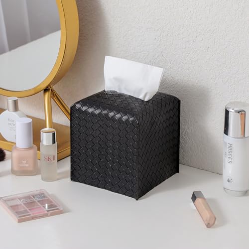 Tissue Box Cover PU Leather Tissue Holder Square Facial Tissue Case Facial Paper Organizer Dispenser for Bathroom, Vanity Countertop, Tabletop, Car, Black | PU Leather, Easy to Fill, Easy Clean, Decorative Tissue Box Holder for Office, Bathroom, Kitchen,