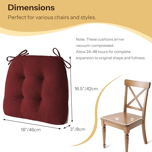 Anti Slip Kitchen Chair Cushions Set of 4 18"X16.5"X3" Red | Elegant Breathable Textured Fabric, with Ties, Tufted, Thick Polyester Filling, for Dining Chairs, Folding Chairs, Office - color: Red