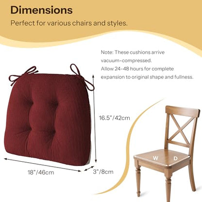 Anti Slip Kitchen Chair Cushions Set of 4 18"X16.5"X3" Red | Elegant Breathable Textured Fabric, with Ties, Tufted, Thick Polyester Filling, for Dining Chairs, Folding Chairs, Office - color: Red