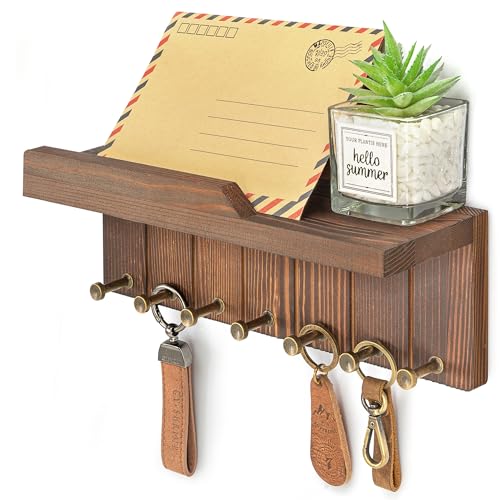 Rebee Vision Key Holder Wall Mount with 7 Hooks for Home Decor, Retro Brown | Key Holder for Wall, 7 Hooks, Charming Wall Shelf, Hat Hanging, Small Item Storage, Stylish Home Decor, Rustic Organizer - color: Retro Brown, size: Large - 12 Inch