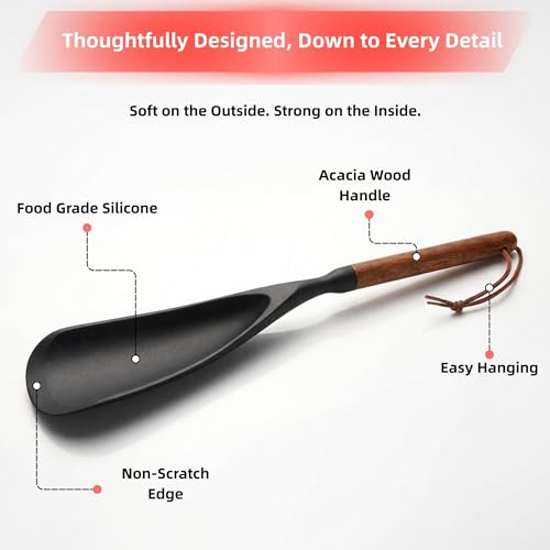 2-Pack Silicone Spoonula with Wooden Handle, BPA-Free Spatula Spoon for Nonstick Cookware, Heat Resistant Cooking Spoon for Mixing, Scraping, Scooping and Serving(Black&White) - color: black&white