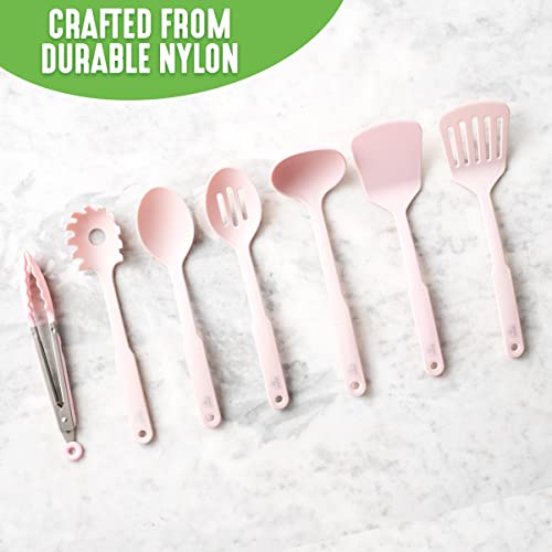 GreenLife Cooking Tools and Utensils, 7 Piece Nylon Set including Spatulas Turner Spoons and Tongs, Dishwasher Safe, Pink - color: Pink