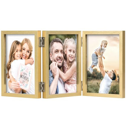 WUTL 3 Picture Frame Triple Collage 4x6 Frames with Real Glass Golden | Trifold Photo Frame, Hinged Foldable, Crystal Clear Real Glass - color: Gold, size: 4x6