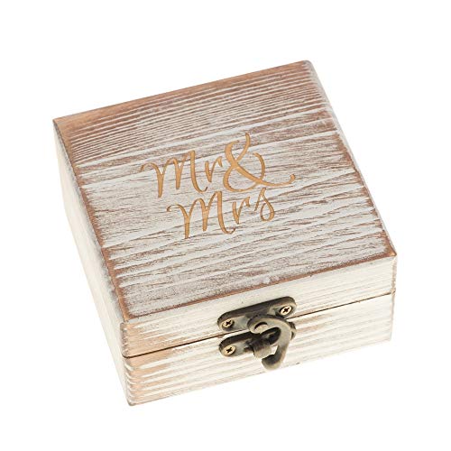 Wood Ring Box for Wedding Ceremony Rustic Vintage Ring Bearer Box, Unique Engagement Ring Holder Boxes for Marriage, Mr & Mrs Decorative Boho Jewelry Favor Gift (Antique White) - color: Antique White