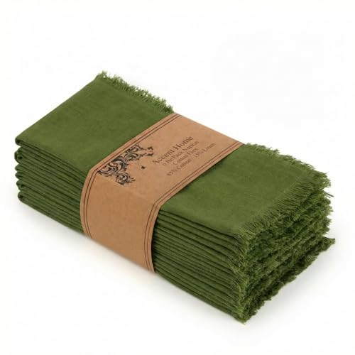 ACCENTHOME Olive Green Cotton Linen Napkin Set of 6 18x18 inch Dinner | Cotton Linen Blend Napkins, Machine Wash On Gentle Cycle, Economy Pack, Multi Purpose Use, Cotton - color: 03 - Olive Green, size: 18" x 18" (Set of 6)