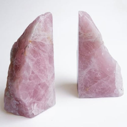 Natural Rose Quartz Bookends with Rubber Feet 3-4Lbs Heavy Duty Non-Slip Pink Crystal Bookends | Raw & Polished Stone | Healing Office Decor Gift - size: 3-4 LBS