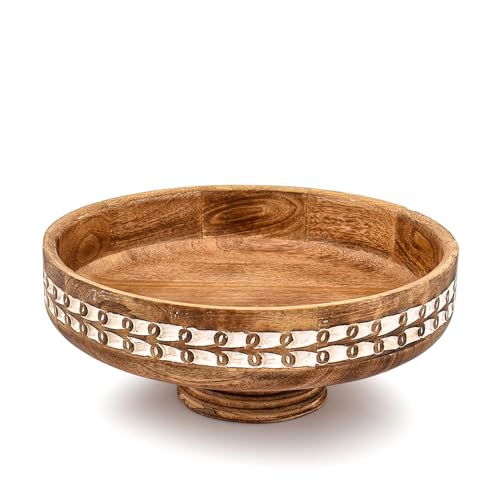 Decorative Wooden Centerpiece Bowl – Mango Wood Pedestal Dough Bowl for Entryway Table, Coffee Table & Home Décor, Large Fruit & Key Bowl (12" X 12" X 4.5")