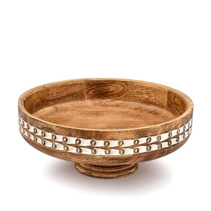 Decorative Wooden Centerpiece Bowl – Mango Wood Pedestal Dough Bowl for Entryway Table, Coffee Table & Home Décor, Large Fruit & Key Bowl (12" X 12" X 4.5")