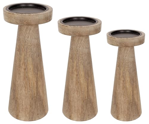Set of 3 Pieces Wood Pillar Candle Holders, Mango Wooden Candlesticks Holders 12 Inch, 10 Inch, 8 Inch Height (Natural) - color: Natural