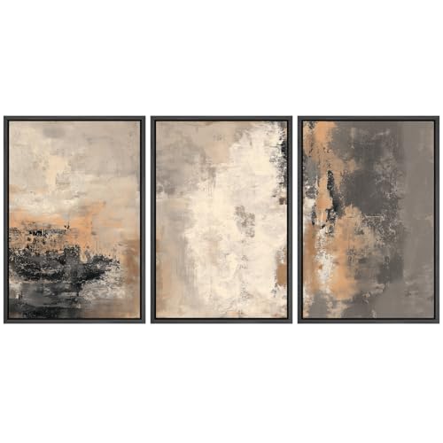 SIGNFORD Framed Canvas Print Wall Art Set Neutral Gray and Terracotta Abstract Illustrations Modern Art Relax/Calm for Living Room, Bedroom, Office - 16"x24"x3 BLACK - color: AS06-2604-YUK01, size: 16"x24"x3 Panels Black