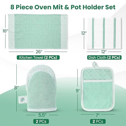 Casa Platino Potholders & Oven Mitts Heat Resistant, 8-Piece Mini Oven Mitt with Silicone Grip, Potholder for Kitchens, 2 Kitchen Towels & 2 Dish Cloths – Durable & Non-Slip – Sage - color: 01: Oven Mitts - Sage, size: Oven Mitt Set - 8 Pack