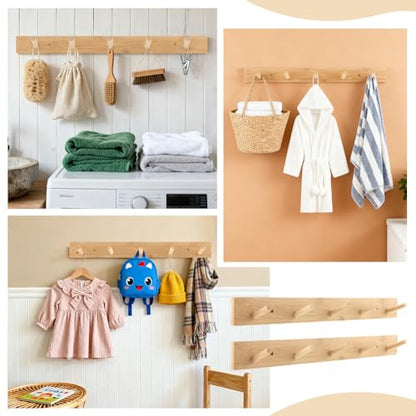 2-Pack 15" Heavy Duty Wooden Coat Rack, Wall Mount with 5 Hooks | Natural bamboo. 5 hooks for coats, hats, bags & towels. For entryway, bedroom & doors. Holds 20lb. Hardware included.