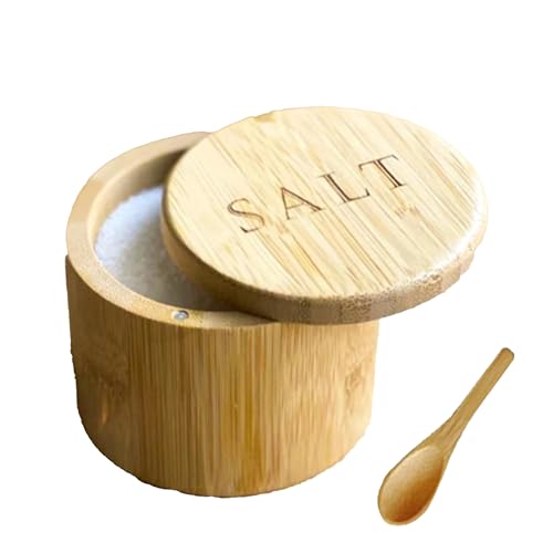 Bamboo Salt Box with Spoon, Magnetic Swivel Lid, 6oz Salt Cellar | Premium bamboo, 6oz capacity, includes spoon, magnetic swivel lid, perfect for countertop salt, spices and seasoning.