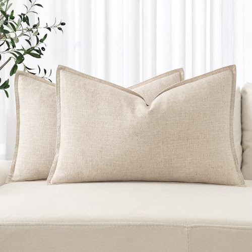 MIULEE Decorative Linen Lumbar Pillow Covers 12x20 Inch Natural Beige | Boho Farmhouse Neutral Couch Throw Pillows for Bed, Pack of 2 Accent Modern Pillowcases, Sofa Livingroom Home Decor - color: Natural Beige, size: 20" x 12" (Pack of 2)