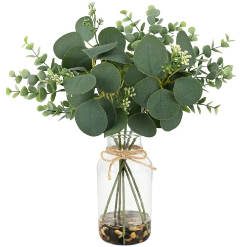 14" Artificial Eucalyptus Stems in Glass Vase with Faux Water Stones | Fake Eucalyptus Leaves with Realistic Faux Water and Stones for Indoor Table Centerpieces Shelves Desks Bathrooms Home Decor - color: Mix Green