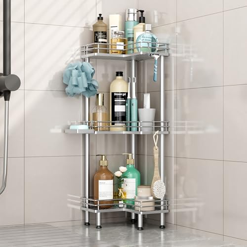 HapiRm Standing Corner Shower Caddy - 3 Tier Shower Shelf Corner with Soap Holder, Rustproof Bathroom Standing Organizer with 4 Hooks, Silver - color: Silver, size: 3-tier