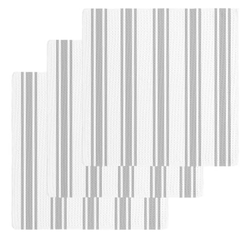 Grey Striped Dish Towels Set, Waffle Weave Kitchen Towels 3 Pieces, Farmhouse Aesthetic Modern Stripes Microfiber Hair Face Bath Tea Towel Absorbent Quick Drying Cleaning Dish Cloths, 12"x12" - color: Gray, White, Silver, size: 3PCS,12"x12"