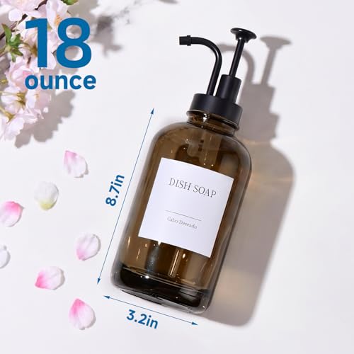 Glass Soap Dispenser with Upgrade Pump, Hand and Dish Soap Dispenser for Bathroom Kitchen, Soap Dispenser Set with 9 Stickers Funnel Bamboo Tray 500ml 18oz Amber - color: Amber