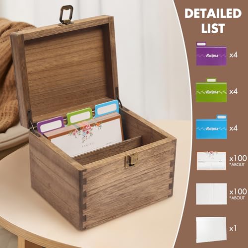 KIRIGEN Wooden Recipe Box with Cards and Dividers, 2 Compartments, Brown | Recipe Card Box Includes About 100 Cards, 100 Protectors, 12 Dividers, Acrylic Shield, Hinged Lid, and Metal Clasp - color: Brown