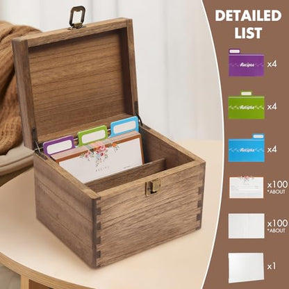 KIRIGEN Wooden Recipe Box with Cards and Dividers, 2 Compartments, Brown | Recipe Card Box Includes About 100 Cards, 100 Protectors, 12 Dividers, Acrylic Shield, Hinged Lid, and Metal Clasp - color: Brown
