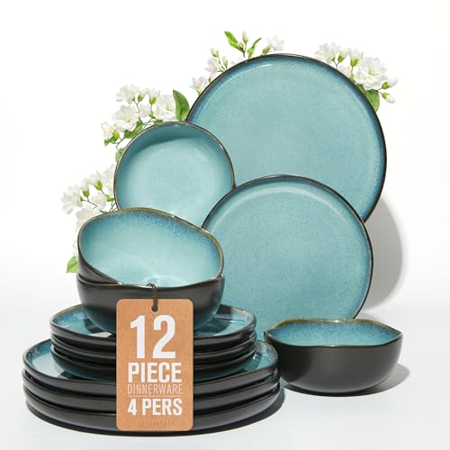 Stoneware Dinnerware Sets, Kitchen Plates and Bowls Set, Ceramic Dish Set for 4, Modern Chip & Scratch Resistant Dishware Sets, Durable Reactive Glaze Dinner Set, Green Black - color: Green Black, size: Set (12pcs)