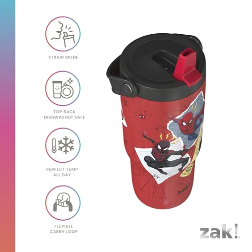 Zak Designs Marvel Spider-Man Siply 20oz Leak-Proof Straw Insulated Tumbler | BPA Free, Stainless Steel, Handle, Cupholder Friendly, Dishwasher Safe, Kids Water Bottle, Reuseable For School, Home, Travel - color: Spiderman