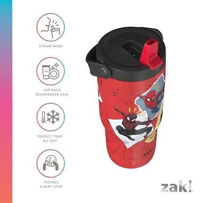 Zak Designs Marvel Spider-Man Siply 20oz Leak-Proof Straw Insulated Tumbler | BPA Free, Stainless Steel, Handle, Cupholder Friendly, Dishwasher Safe, Kids Water Bottle, Reuseable For School, Home, Travel - color: Spiderman