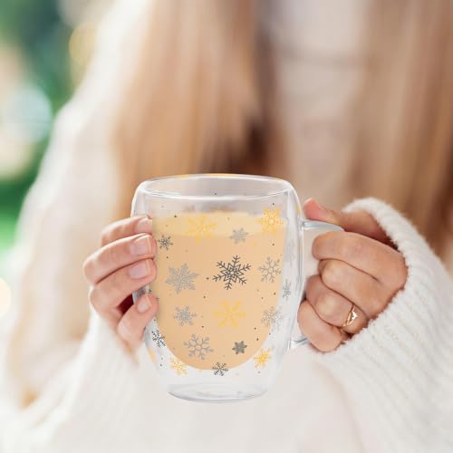 JarThenaAMCS Christmas Double Wall Glass Coffee Mugs 12Oz Gold Silver Snowflake Insulated Glasses Clear Espresso Cups with Handle for Winter Xmas Holiday Supplies, Set of 2 - style: Gold Silver Snowflake