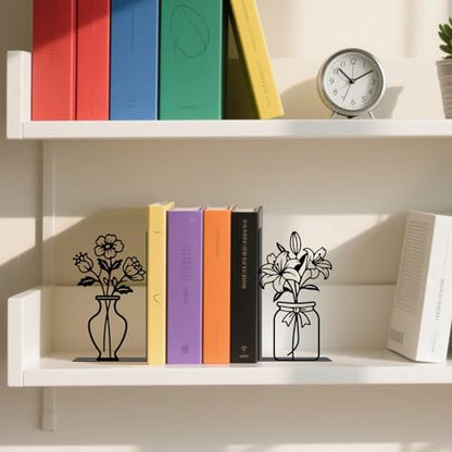Metal Bookends Flower Vase Book Ends for Shelves | Flower Bookends Decorative Unique Desk Bookend Black Book Stopper for Home Reading Bookshelf Decor Book Lovers Gift - style: Flower Vase
