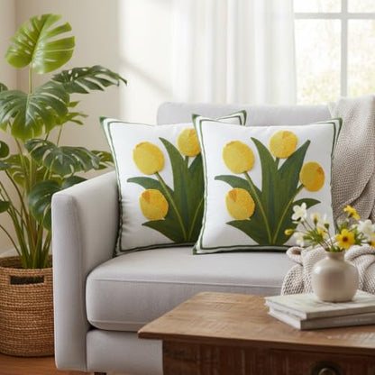LUOYEHK Embroidered Throw Pillow Cover 18x18 Inch Set of 2 Farmhouse Floral Square Pillowcase Spring Canvas Cushion Covers for Living Room Sofa Bed (Yellow Tulip) - color: Yellow Tulip
