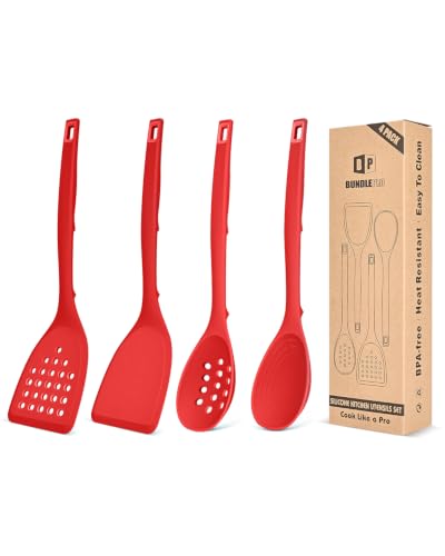 Pack of 4 Silicone Cooking Utensils Set, Non Stick Solid Spatulas and Heat Resistant Slotted Spoons with Back Hooks, Ideal BPA Free Kitchen Utensils Set for Frying,Serving,Turning,Stirring (RED) - color: Red