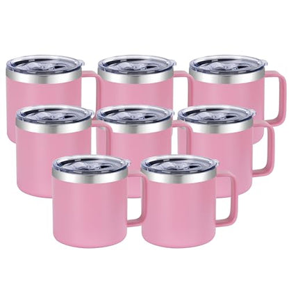 VEGOND 14 oz Insulated Coffee Mug Bulk with Handle, Stainless Steel Travel Coffee Mug with Lid, Double Wall Vacuum Metal Coffee Cup, Coffee Tumbler Powder Coated, Pink 8 Pack - color: Pink, size: 14 Ounces (8 Pack)