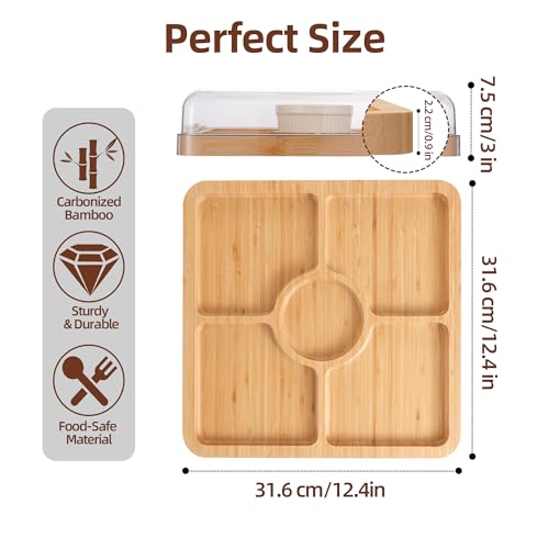 WILLKOMMEN Charcuterie Board with Lid- 5 Compartment Carbonized Bamboo Serving Tray with Locking Lid, Square Serving Platter Divided Serving Dishes for Party Cheese Snack Fruit - style: 5 Compartments-Square