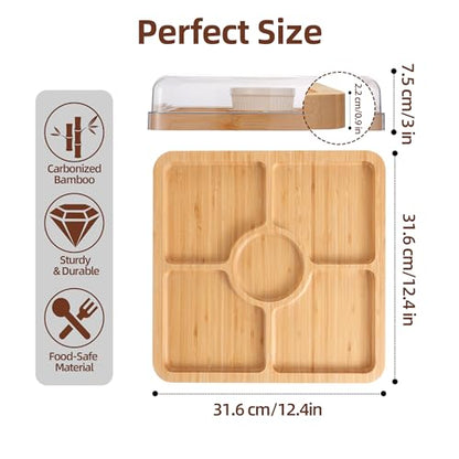 WILLKOMMEN Charcuterie Board with Lid- 5 Compartment Carbonized Bamboo Serving Tray with Locking Lid, Square Serving Platter Divided Serving Dishes for Party Cheese Snack Fruit - style: 5 Compartments-Square