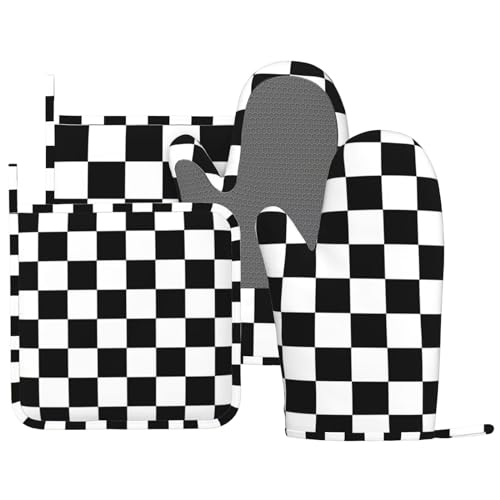 Black White Check Plaid Oven Mitts and Pot Holders Sets Silicone Black and White Checkered Plaid Kitchen Mitts Potholders Heat Resistant 4Pcs Oven Gloves Hot Pads for Cooking Grilling - color: Black White Buffalo Plaid
