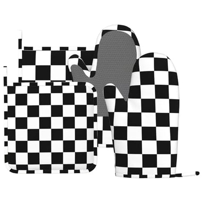 Black White Check Plaid Oven Mitts and Pot Holders Sets Silicone Black and White Checkered Plaid Kitchen Mitts Potholders Heat Resistant 4Pcs Oven Gloves Hot Pads for Cooking Grilling - color: Black White Buffalo Plaid