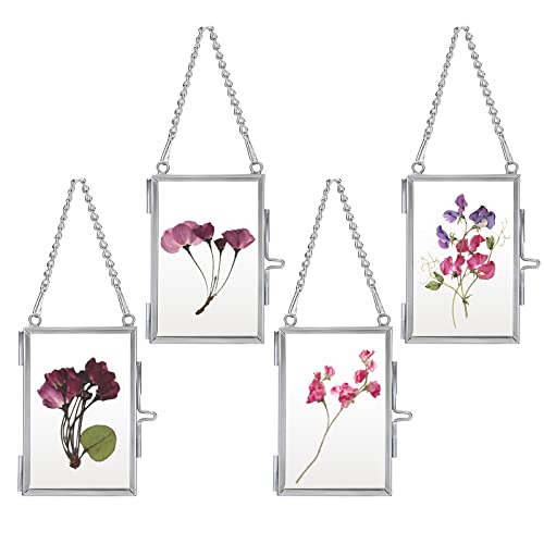 JUXYES 2x3 Hanging Mini Double Glass Picture Pressed Flower Frame Ornament | 4 Pack Wallet Size Tiny Frame Ornament for Xmas Tree Party Wall Decor, Small Silver Brass Floating Display Frame with Chain - color: Silver, size: Vertical