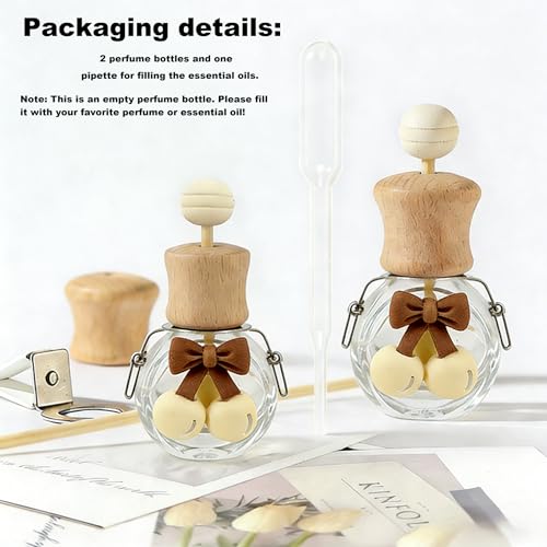 2 Pack Bow Refillable Car Vent Clip Diffuser Empty Glass Bottle | Wood cap aroma bottle with dropper, DIY essential oil freshener for car closet home bathroom - size: Bear-A2 - 2PCS