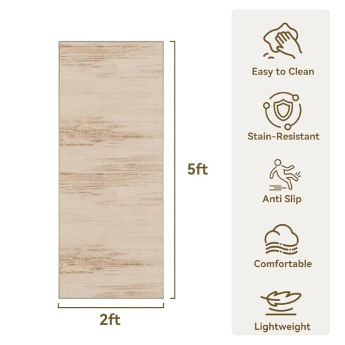 Hallway Kitchen Runner Rug Non-Slip Low Pile Washable Rug Brown 2x5ft | Soft Entryr Mat Carpet TPR Backing , Thin Profile, Abstract Pattern for Bedroom, Bathroom, Entryway Long Runners, Easy Clean - color: Brown, size: 2' x 5'